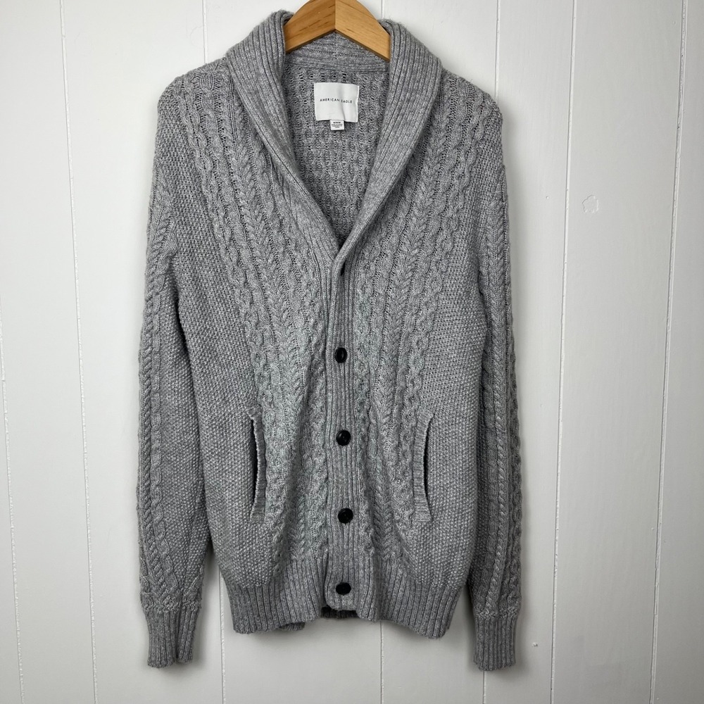 American Eagle Mens Cable Knit Shawl Collar Cardigan Sweater Medium Gray Preppy